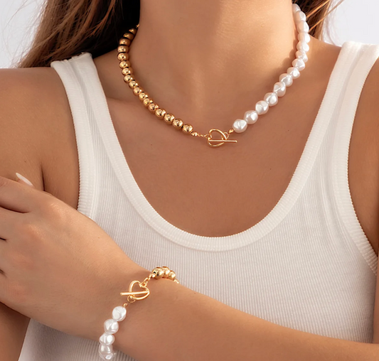 Half Pearl Chain Necklace Heart Jewelry Set